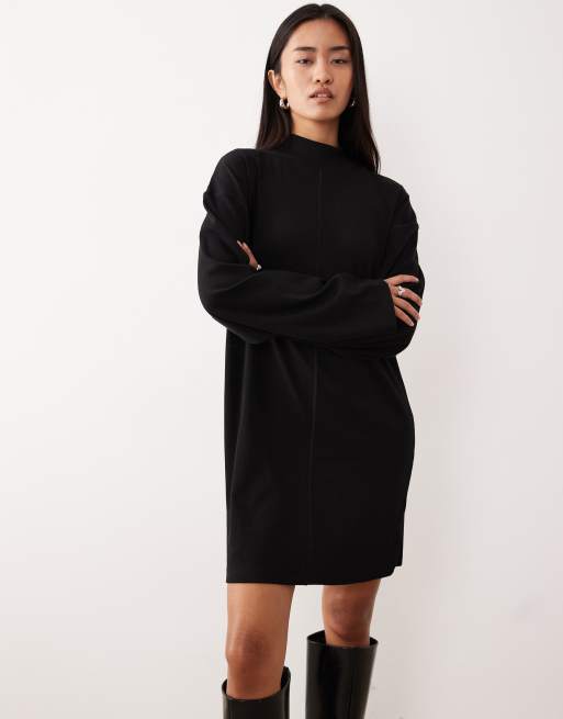 ASOS DESIGN high neck rib mini dress with centre seam detail in black - BLACK, 2 of 4
