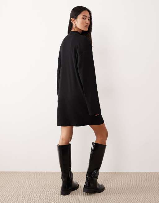 ASOS DESIGN high neck rib mini dress with centre seam detail in black - BLACK, 4 of 4