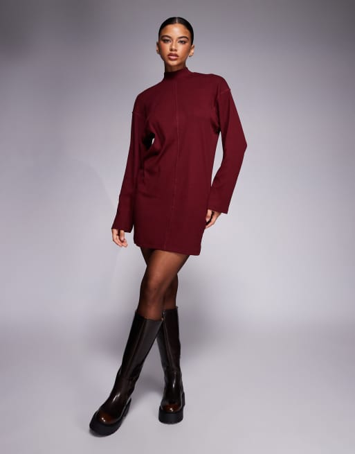 ASOS DESIGN high neck rib mini dress with centre seam detail in burgundy - BURGUNDY