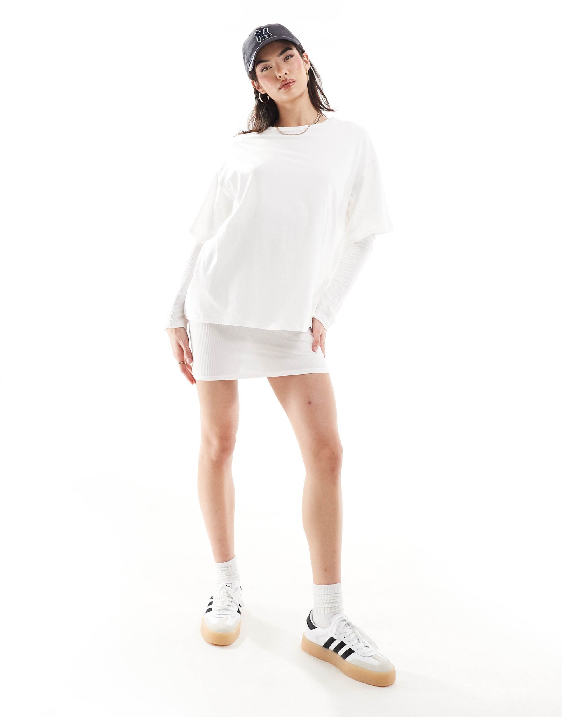 asos design high neck ribbed long sleeve mini t-shirt dress with overlay in stone