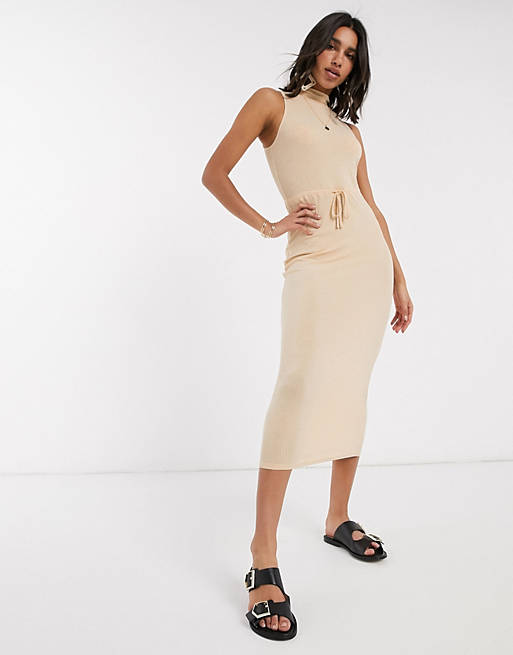 Women high neck ribbed midi dress with drawstring in oatmeal marl 