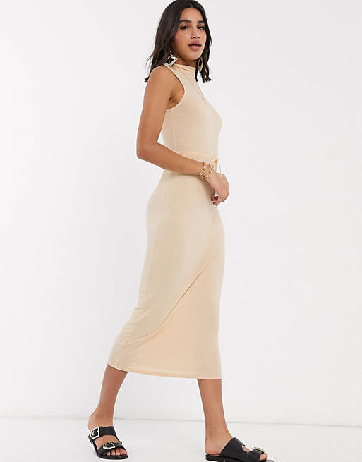 Women high neck ribbed midi dress with drawstring in oatmeal marl 