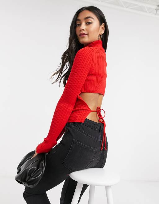 ASOS DESIGN high neck ribbed open tie back sweater in red