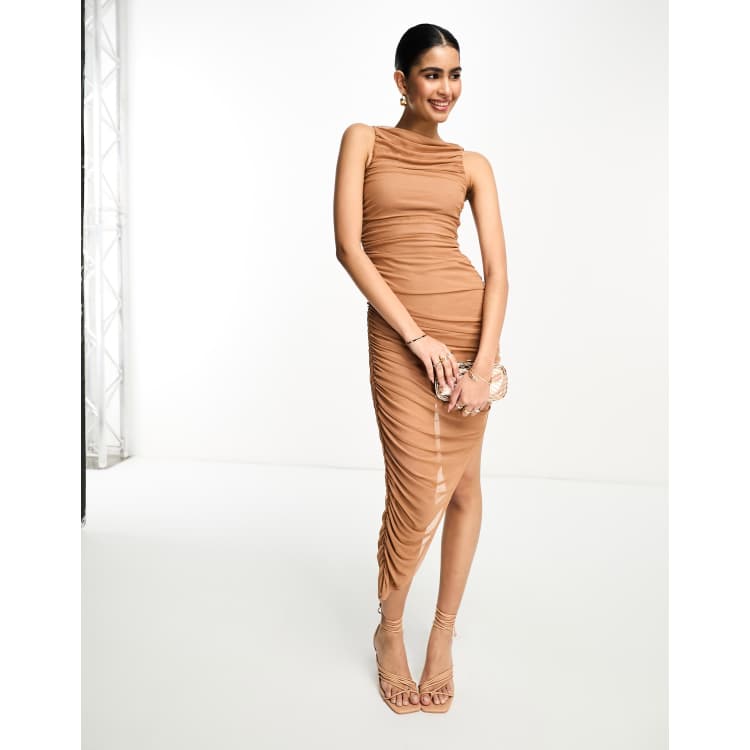 ASOS DESIGN high neck ruched asymmetric body-conscious midi dress in camel  brown