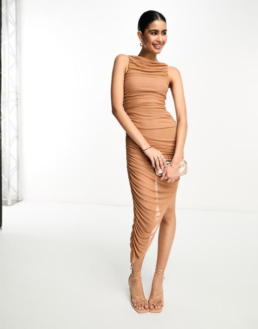 ASOS DESIGN high neck ruched asymmetric bodycon midi dress in camel brown