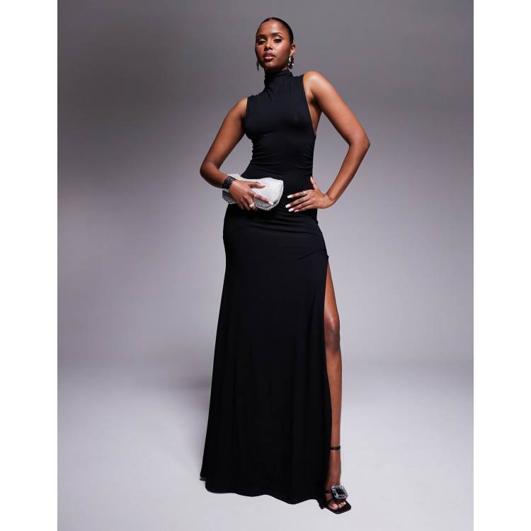 ASOS DESIGN high neck ruched asymmetric seam maxi dress in black | ASOS