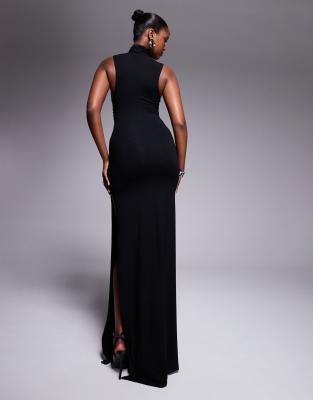 Asos Design High Neck Ruched Asymmetric Seam Maxi Dress In Black