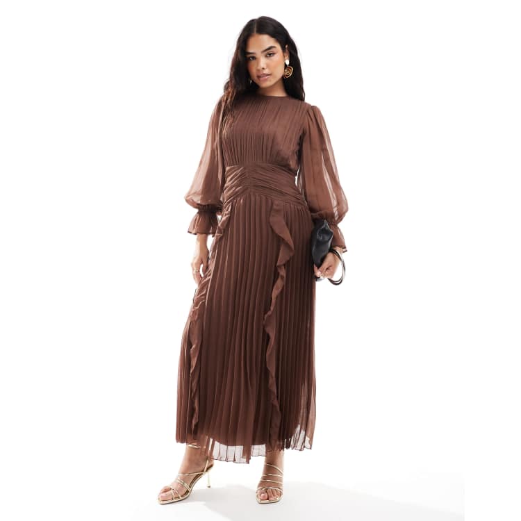 ASOS DESIGN high neck ruched belt detail maxi dress in chocolate ASOS