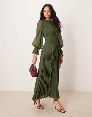 Asos Design High Neck Ruched Belt Detail Maxi Dress In Dark Green-purple