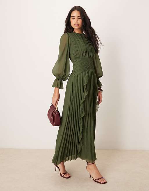 asos green dress maxi DESIGN embellished with godet skirt and balloon sleeve in sage Made from high ASOS Design halter pleated waist