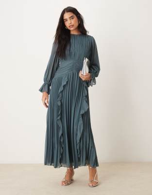 high neck ruched belt detail maxi dress in dark slate-Blue