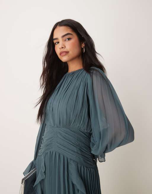 ASOS DESIGN high neck ruched belt detail maxi dress in dark slate