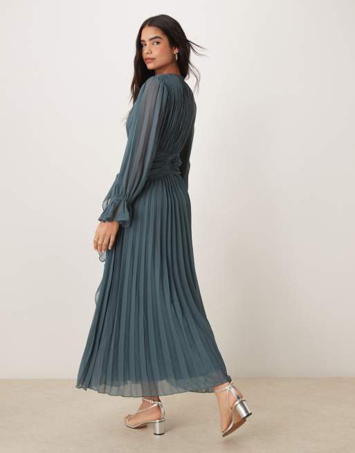 ASOS DESIGN high neck ruched belt detail maxi dress in dark slate | ASOS