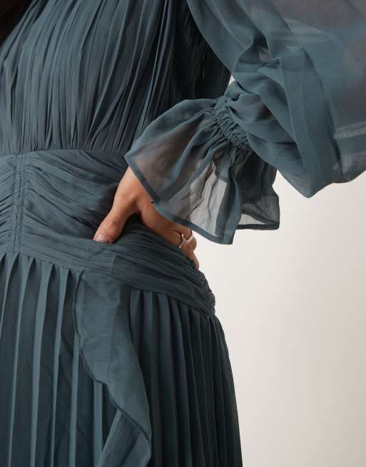ASOS DESIGN high neck ruched belt detail maxi dress in dark slate