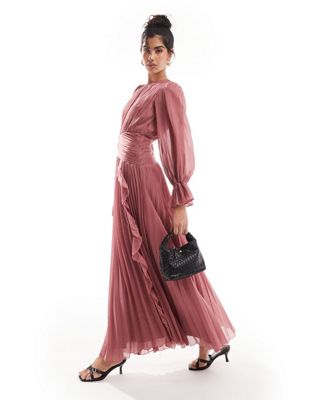 Asos Design High Neck Ruched Belt Detail Maxi Dress In Dusky Pink