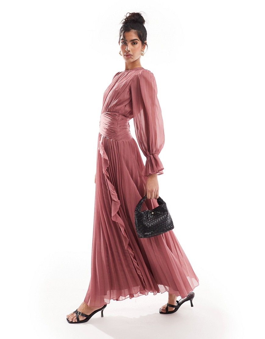 ASOS DESIGN high neck ruched belt detail maxi dress in dusky pink