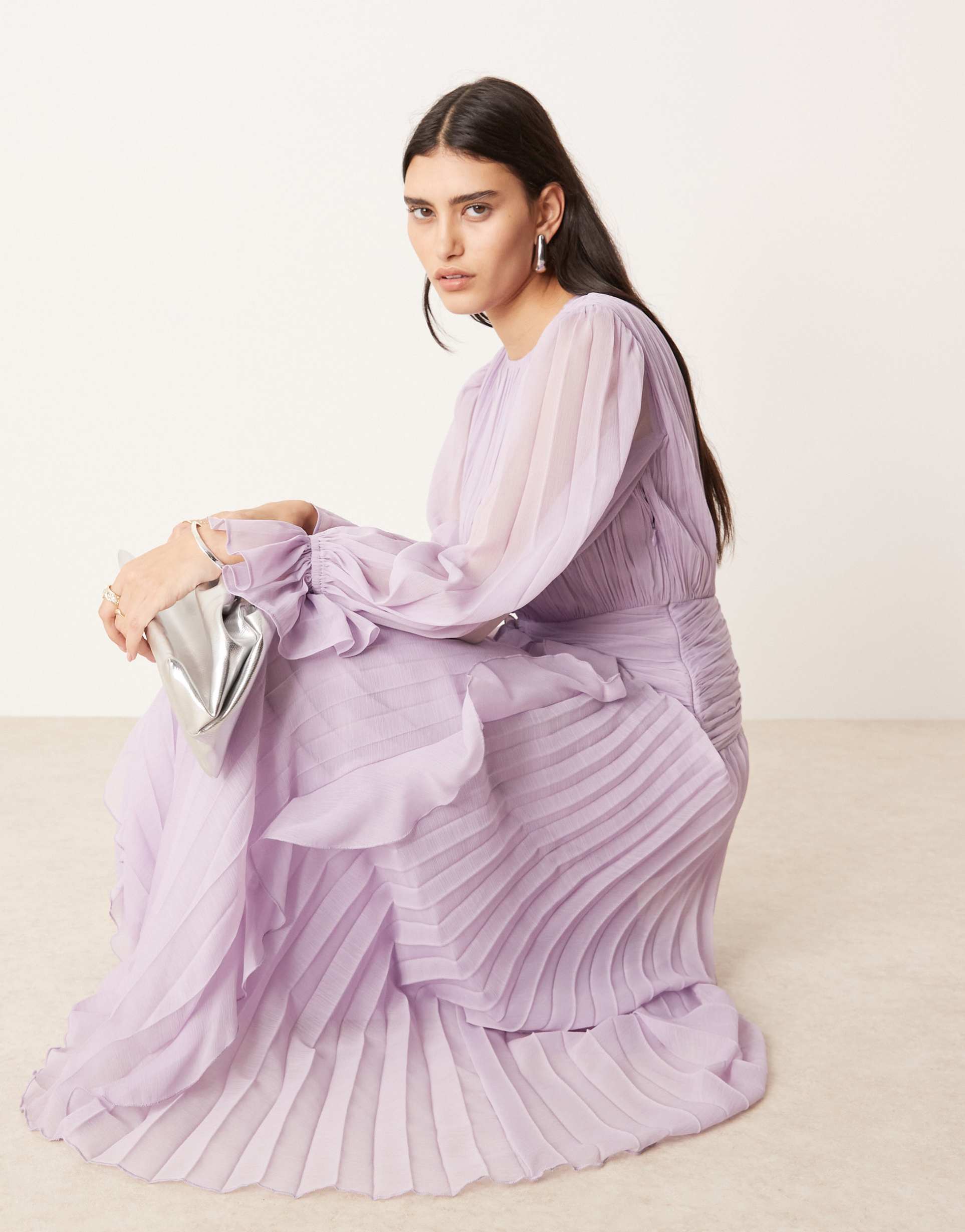 asos design high neck ruched belt detail maxi dress in lilac