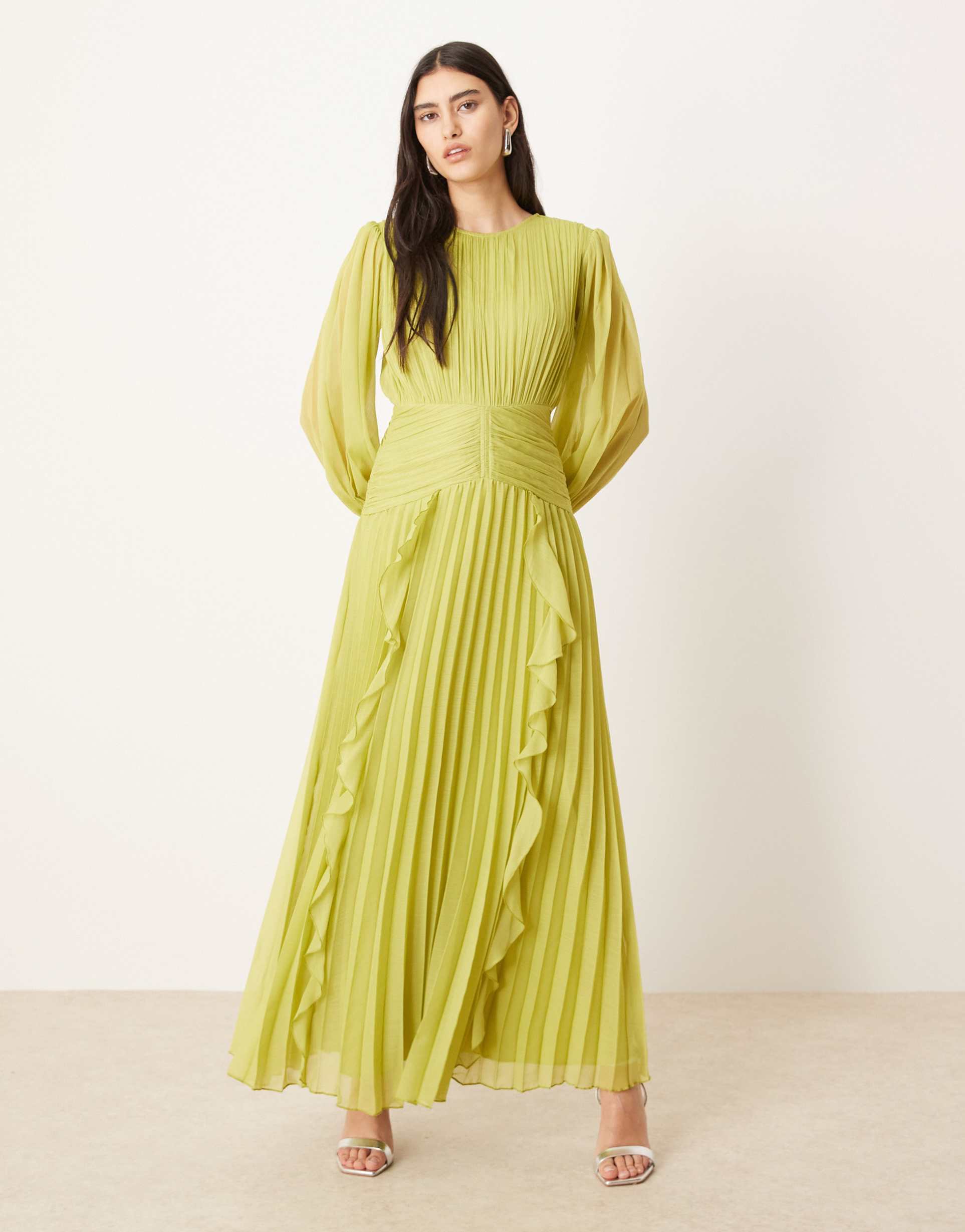 asos design high neck ruched belt detail maxi dress in lime green