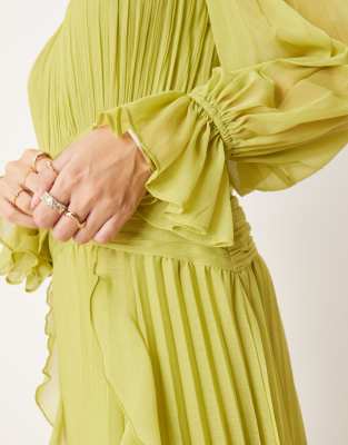 ASOS DESIGN high neck ruched belt detail maxi dress in lime green