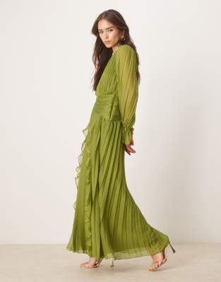 high neck ruched belt detail maxi dress in olive green