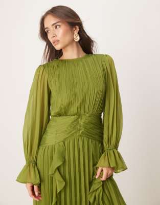 ASOS DESIGN high neck ruched belt detail maxi dress in olive green