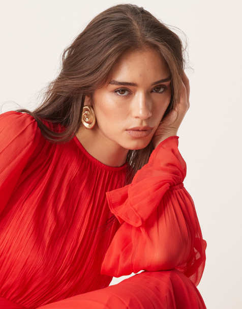 ASOS DESIGN high neck ruched belt detail maxi dress in red - view 2