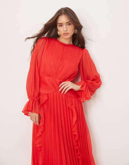 ASOS DESIGN high neck ruched belt detail maxi dress in red