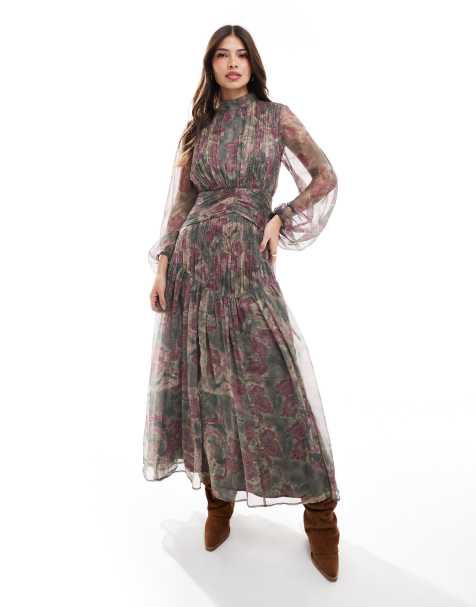 ASOS DESIGN high neck ruched chevron detail maxi dress in blurred floral print - view 1