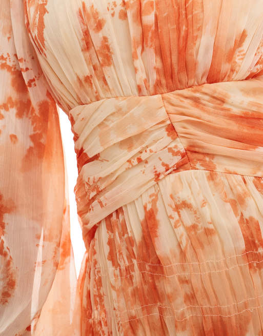 ASOS DESIGN high neck ruched chevron detail maxi dress in blurred orange print, 3 of 4