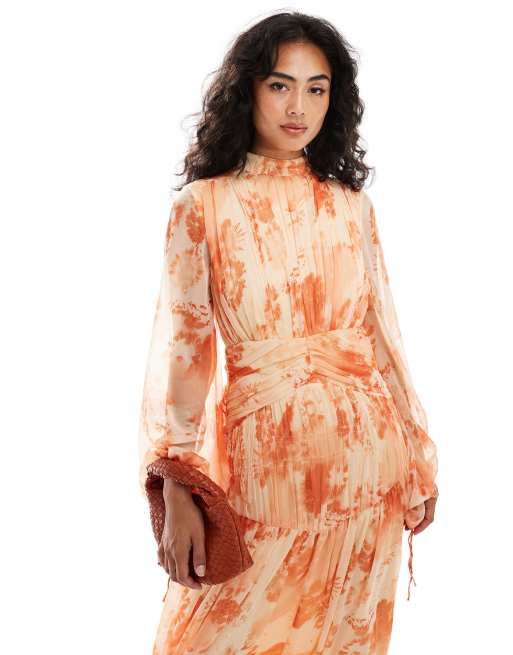 ASOS DESIGN high neck ruched chevron detail maxi dress in blurred orange print, 4 of 4