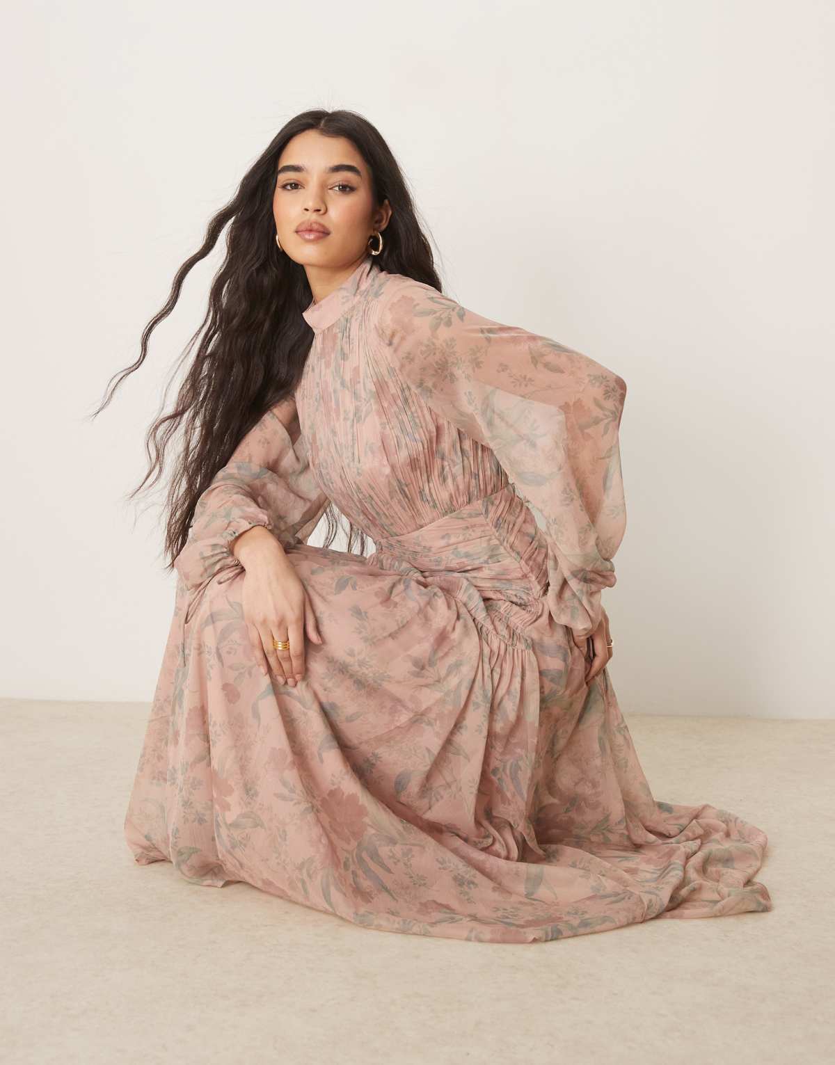 ASOS DESIGN high neck ruched chevron detail maxi dress in blurred pink floral print