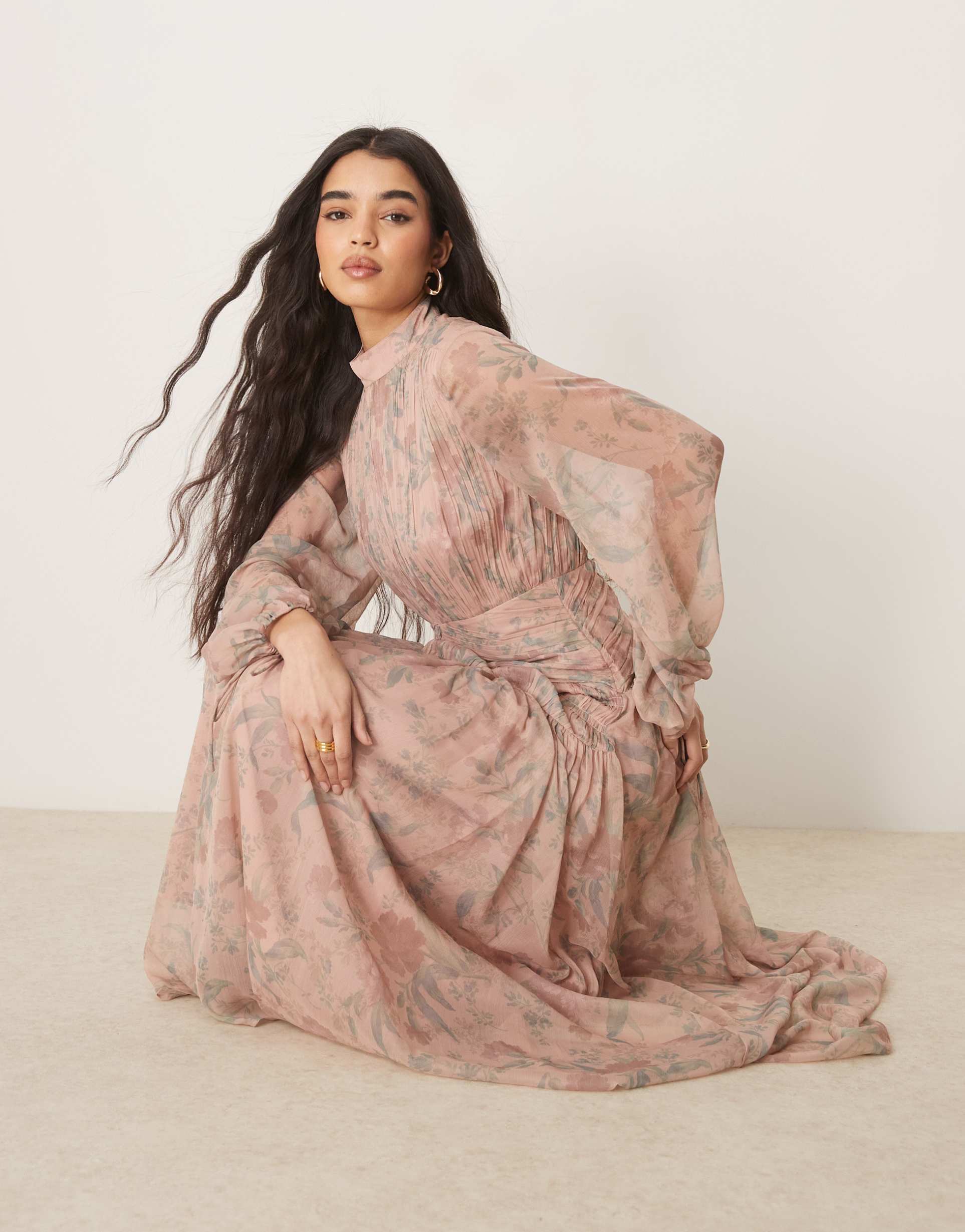 asos design high neck ruched chevron detail maxi dress in blurred pink floral print