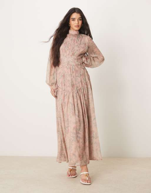 ASOS DESIGN high neck ruched chevron detail maxi dress in blurred pink floral print