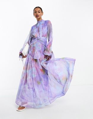 ASOS DESIGN high neck ruched chevron detail maxi dress in blurred purple print