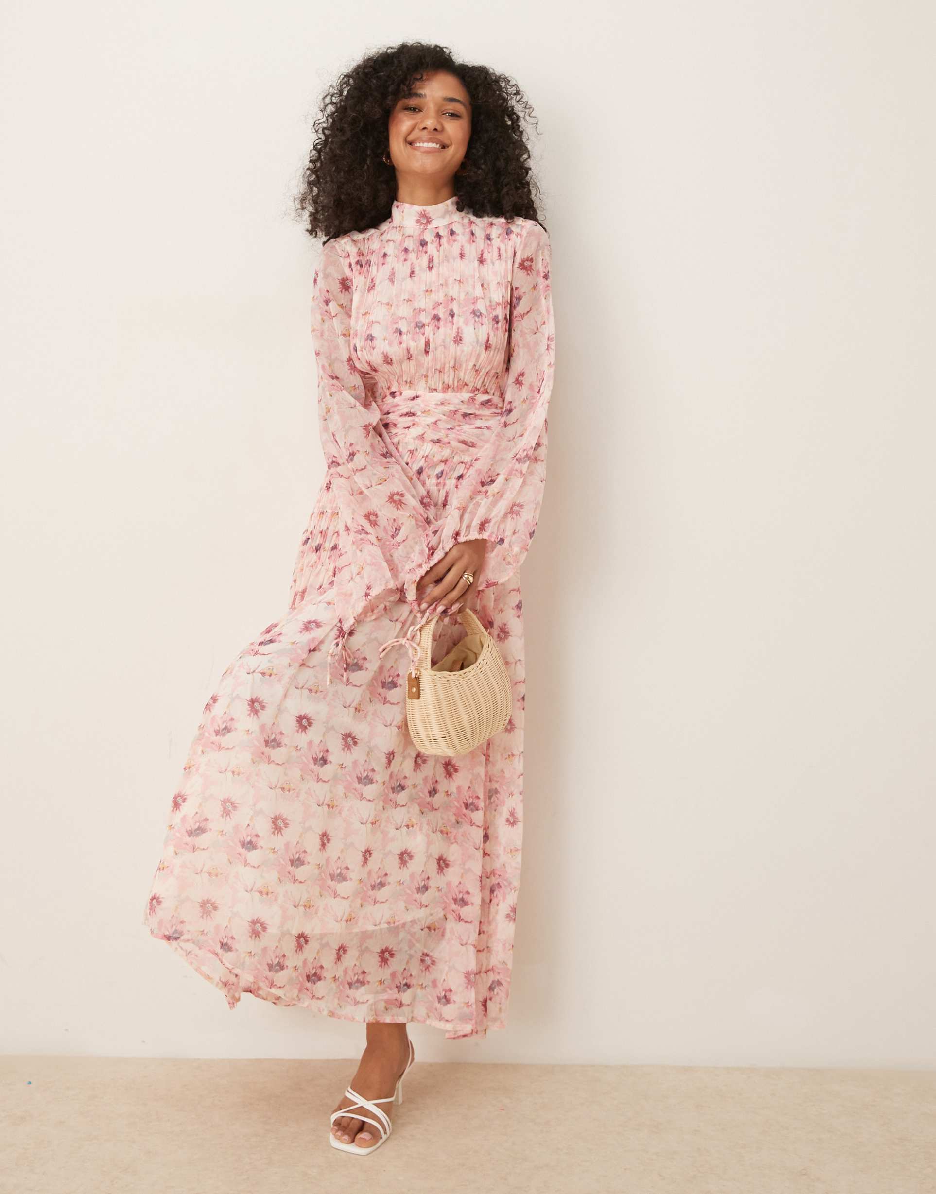 asos design high neck ruched chevron detail maxi dress in pretty floral print