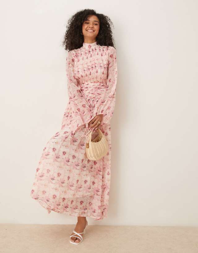 ASOS DESIGN high neck ruched chevron detail maxi dress in pretty