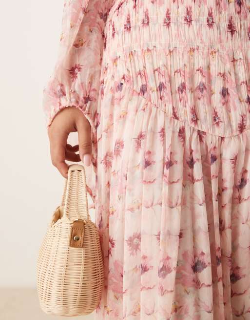 ASOS DESIGN high neck ruched chevron detail maxi dress in pretty floral print