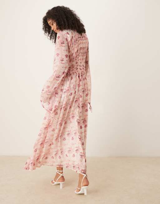 ASOS DESIGN high neck ruched chevron detail maxi dress in pretty floral print