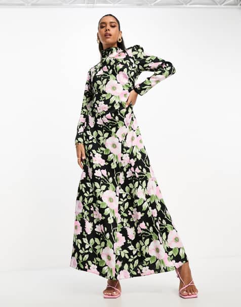 ASOS DESIGN high neck ruched detail satin maxi dress in black rose print - view 1