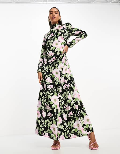 ASOS DESIGN high neck big sleeve jacquard maxi dress in floral print