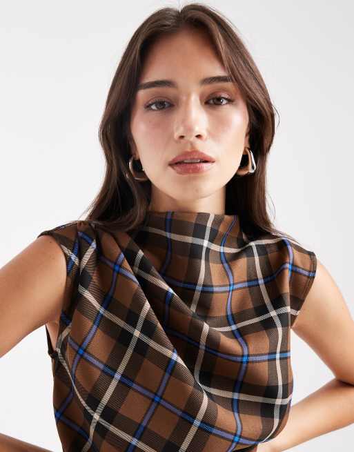 ASOS DESIGN high neck ruched detail sleeveless top in brown plaid - part of a set