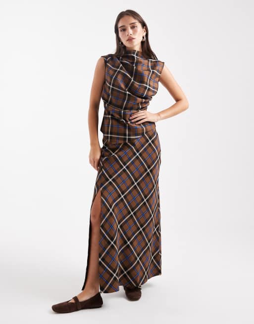 ASOS DESIGN high neck ruched detail sleeveless top in brown plaid - part of a set