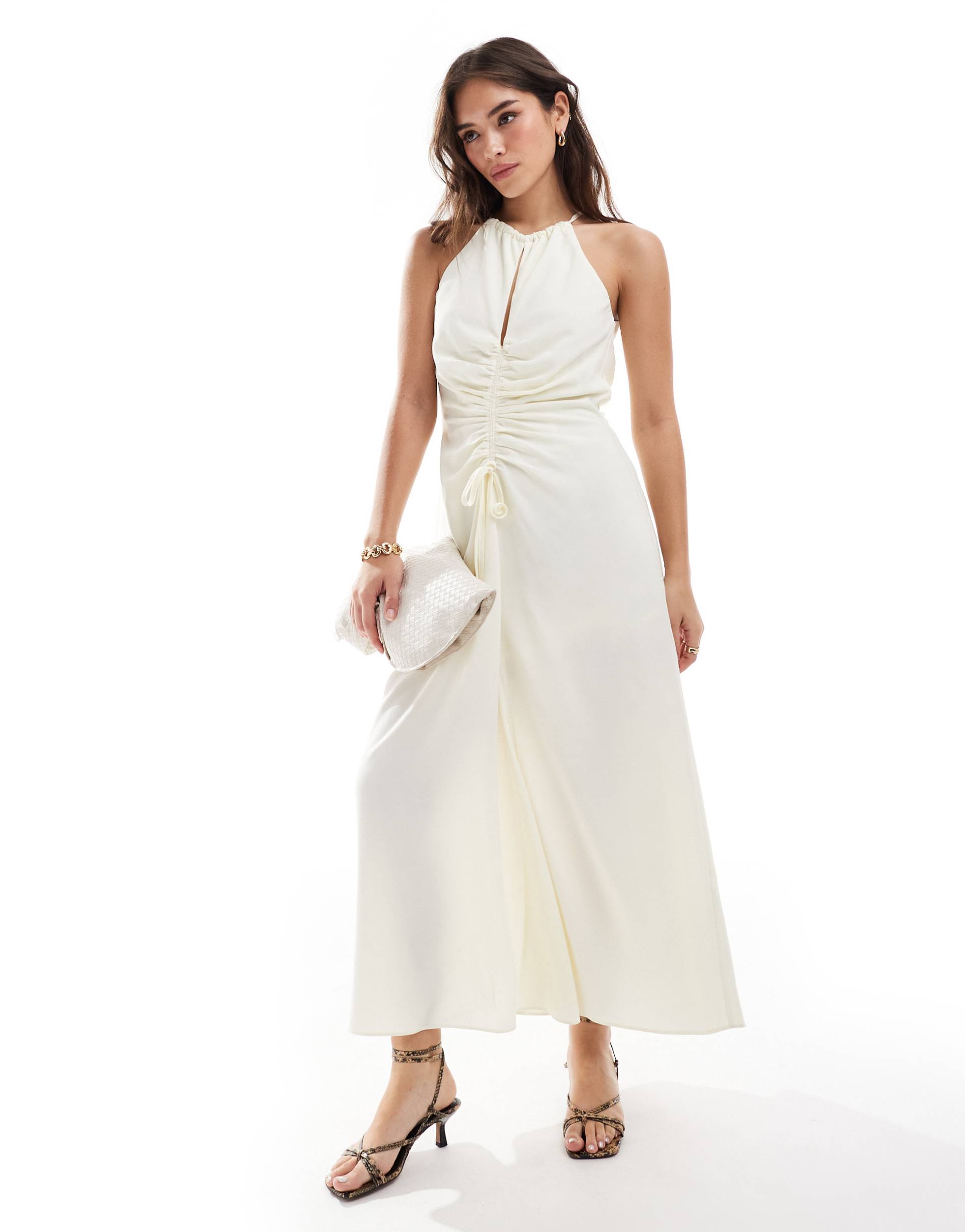 asos design high neck ruched front midi dress in buttermilk