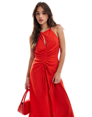 high neck ruched front midi dress in red