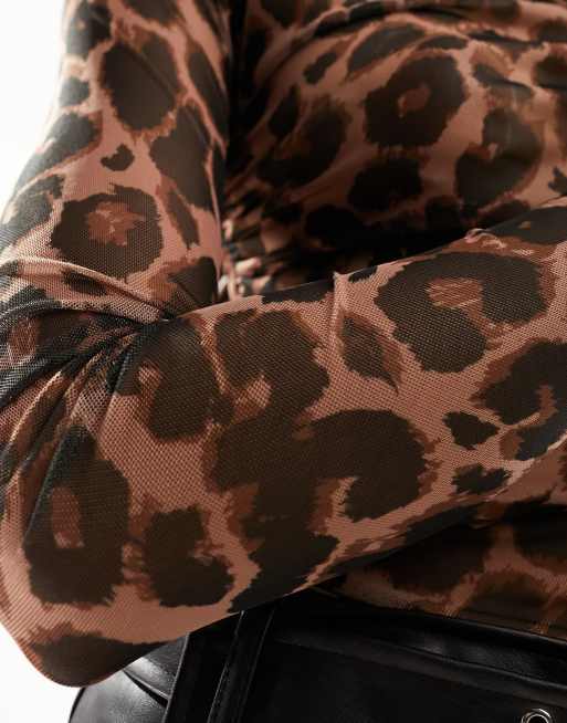 ASOS DESIGN high neck ruched mesh bodysuit in leopard animal, 3 of 4