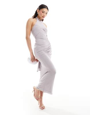 ASOS DESIGN high neck ruched mesh midi dress with sheer panels and tie back in grey