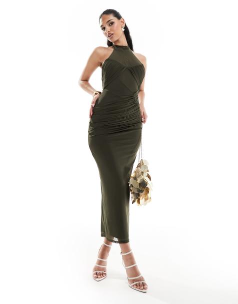 ASOS DESIGN high neck ruched mesh midi dress with sheer panels and tie back in khaki - view 1
