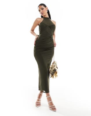 Maternity Halter Ruched Mesh Midi Dress