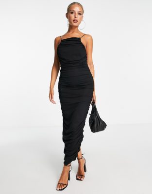 Asos Design High Neck Ruched Midi Dress In Black