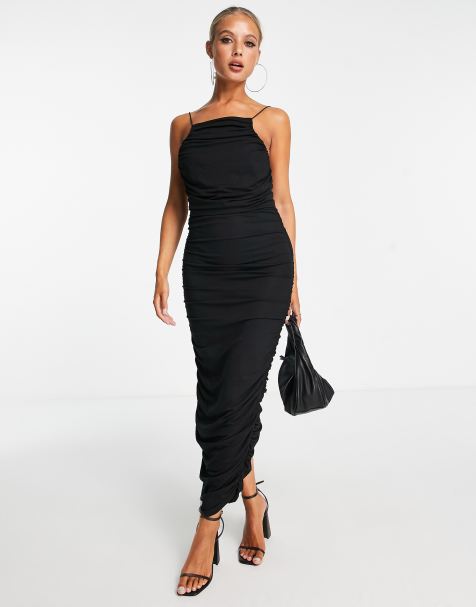 ASOS DESIGN sweetheart neckline ruched waist midi dress with cap sleeves in  black